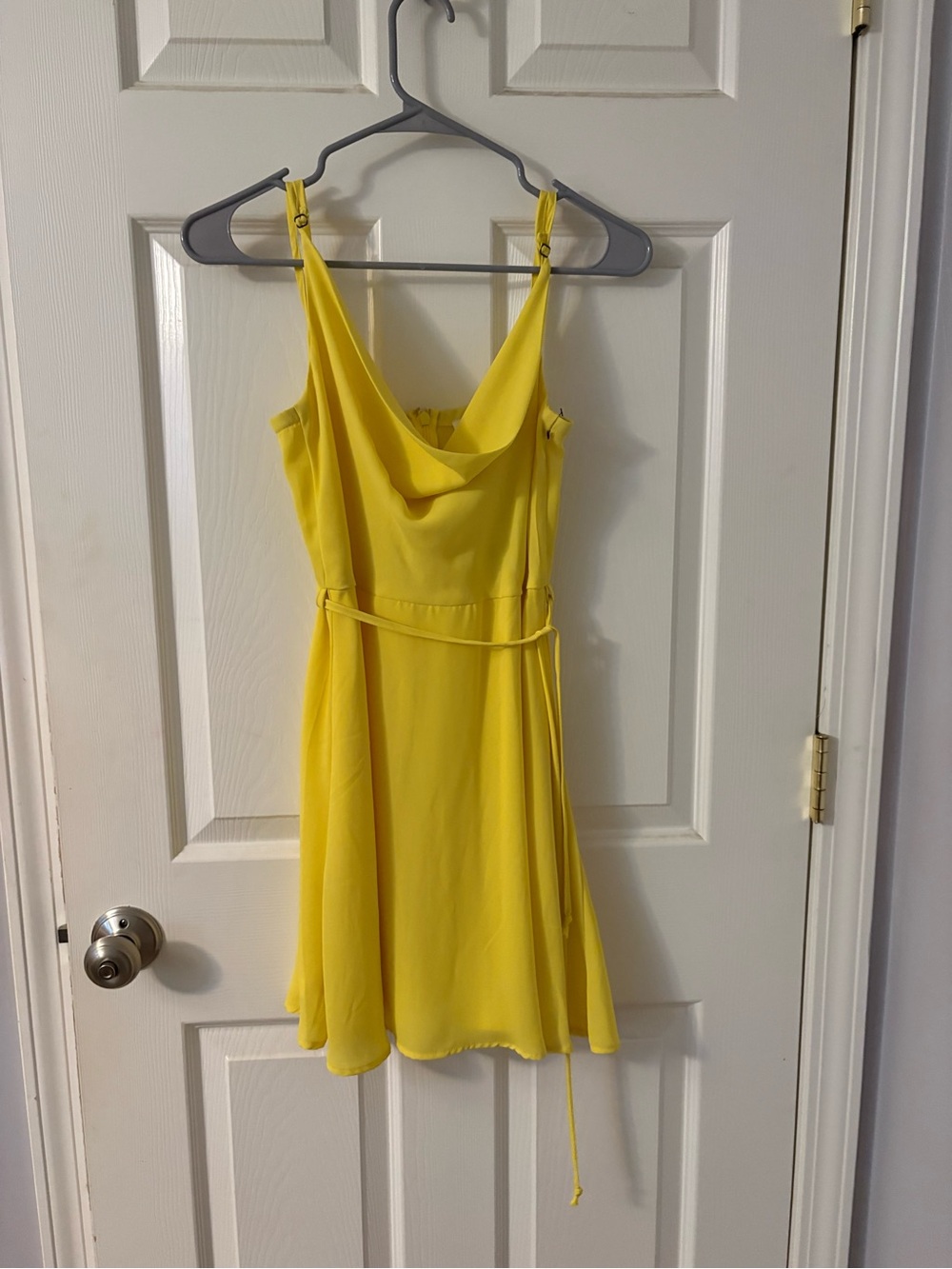 Vibrant Yellow Cowl Neck Mini Dress with Waist Tie